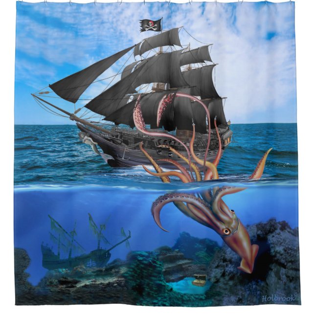 Pirate Ship vs The Giant Squid Shower Curtain (Front)