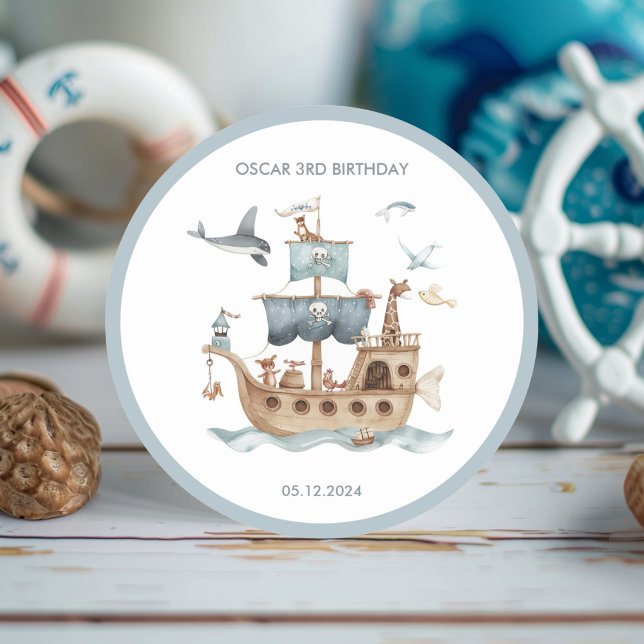 Pirate Ship with Animals Kids Party  Classic Round Sticker (Creator Uploaded)
