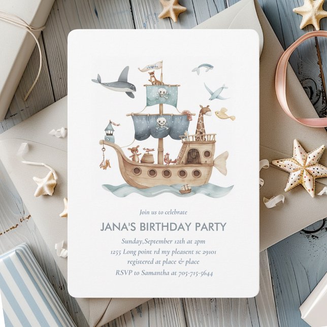 Pirate Ship with Animals Kids Party  Invitation (Creator Uploaded)