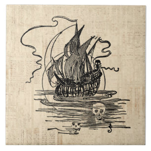 Pirate Ship with Skulls Vintage Pirate Art Tile