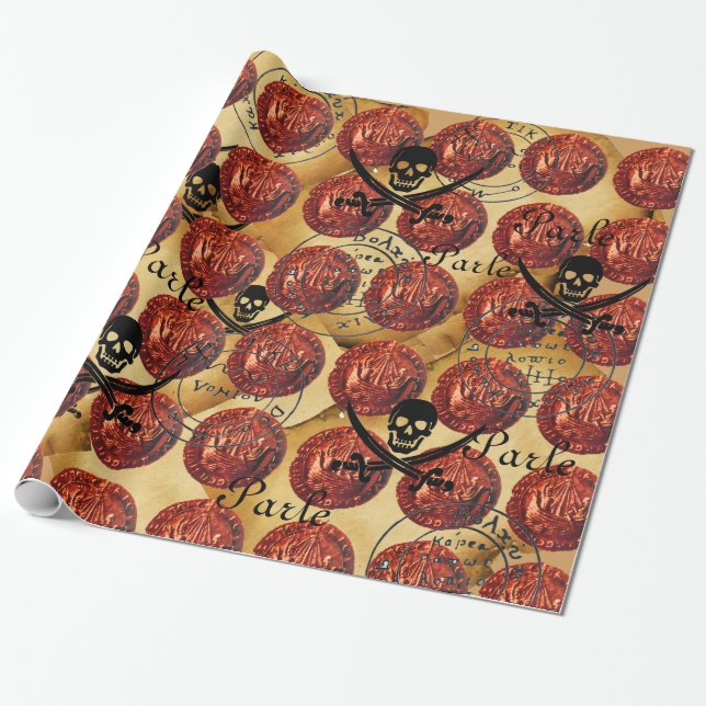 PIRATE SHIPS,SKULL,SWORDS,PIRATES TREASURE MAPS WRAPPING PAPER (Unrolled)