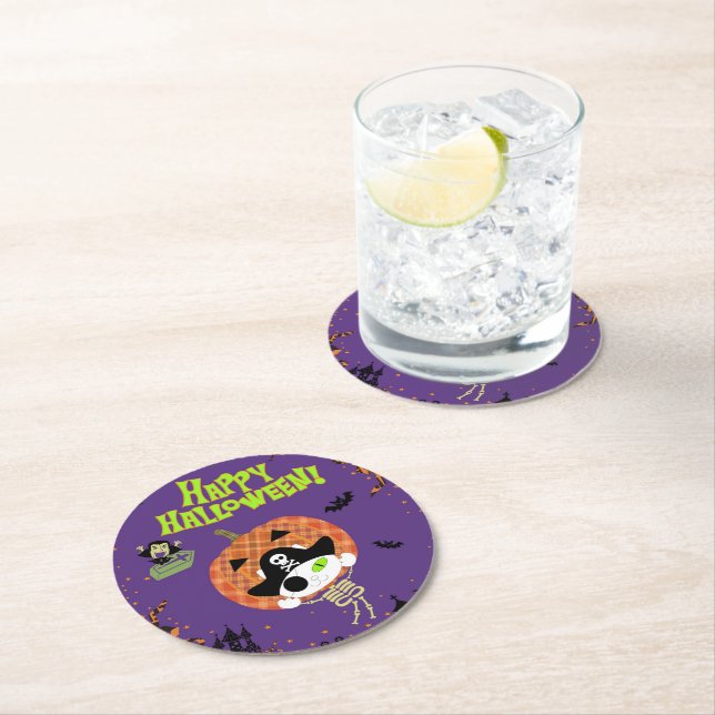 Pirate skeleton cat round paper coaster (Insitu)