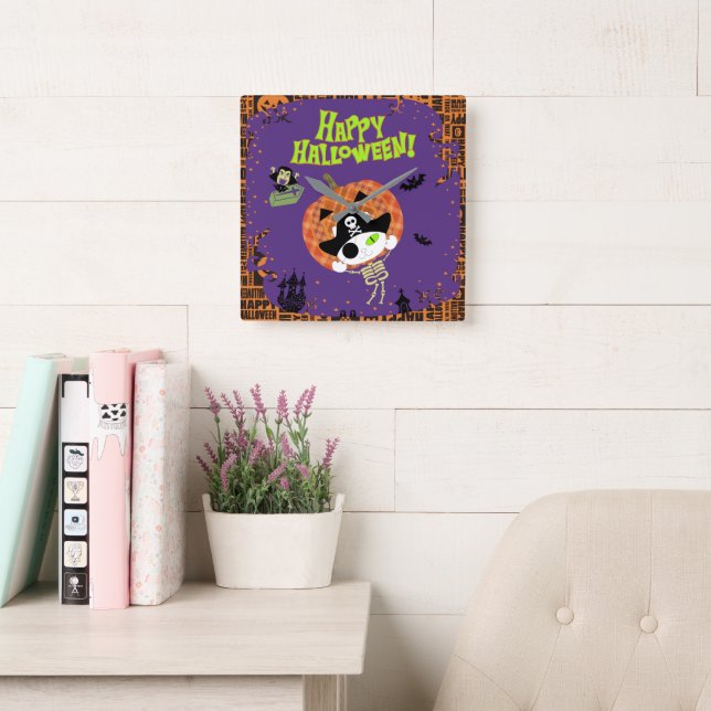 Pirate skeleton cat square wall clock (Reading Room)