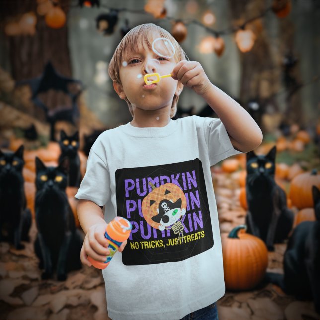Pirate skeleton cat T-Shirt (A boy wears a Pirate Skeleton T-Shirt.)