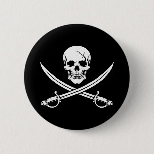 Pirate skull and crossbone cross sword jolly roger 6 cm round badge