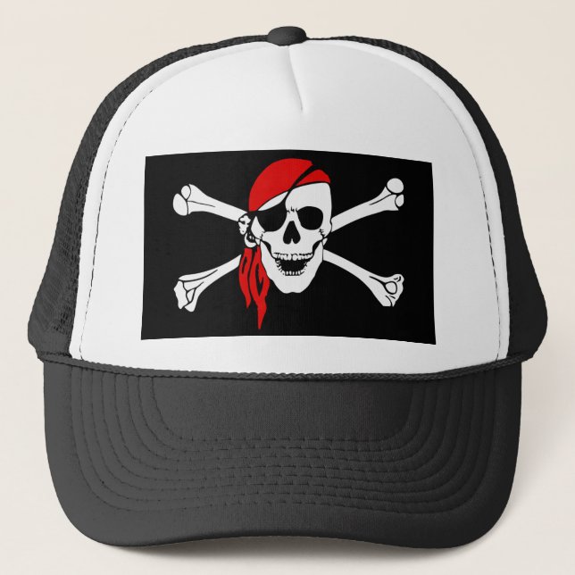 Pirate Skull and Crossbones with Red Bandanna Trucker Hat (Front)