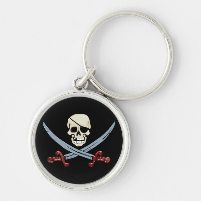 Pirate Skull and Crossed Cutlasses Creepy Art Key Ring (Front)