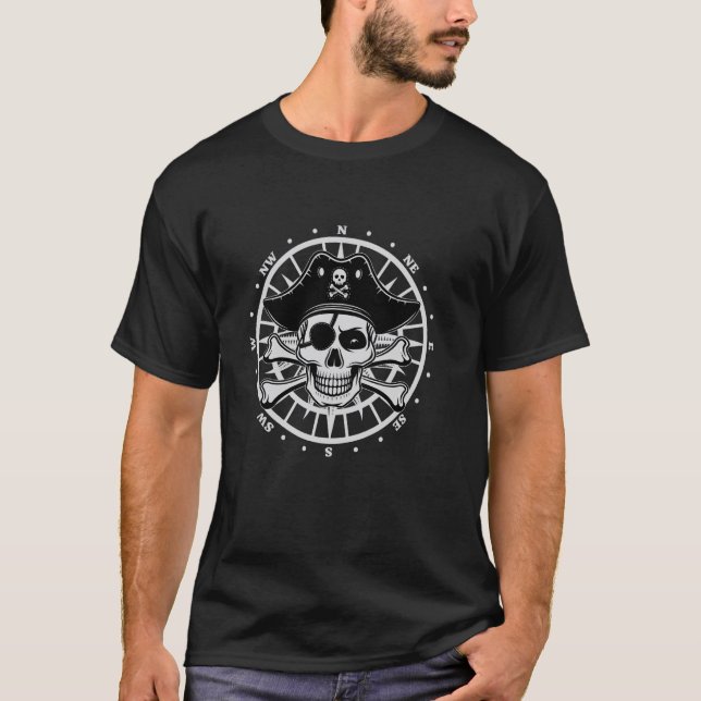 Pirate Skull and Cutlasses Compass Distressed T-Shirt (Front)