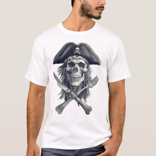 Pirate Skull B&W w/Crossed Knife and Fork T-Shirt