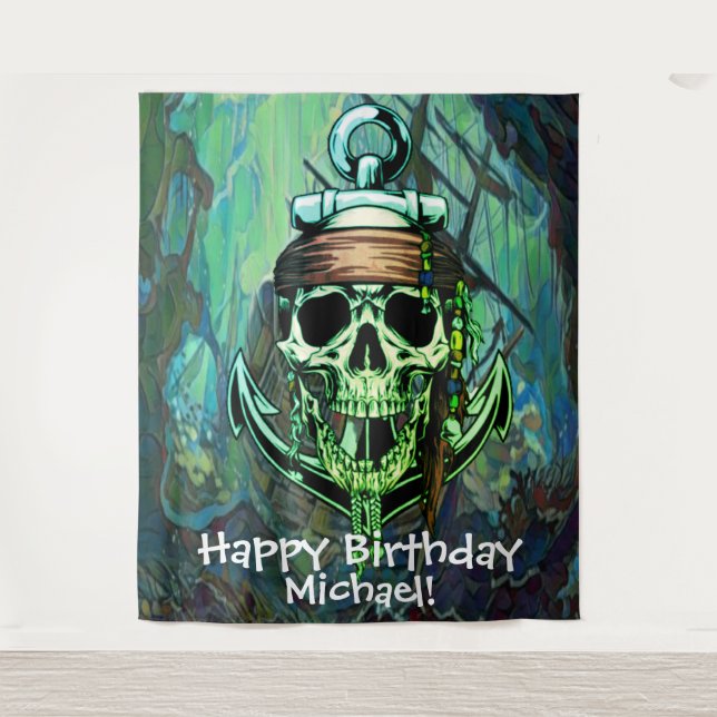 Pirate Skull Birthday Green Ghost Ship Backdrops  Tapestry (Front)