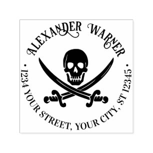 Pirate Skull Crossed Swords Name Return Address Self-inking Stamp