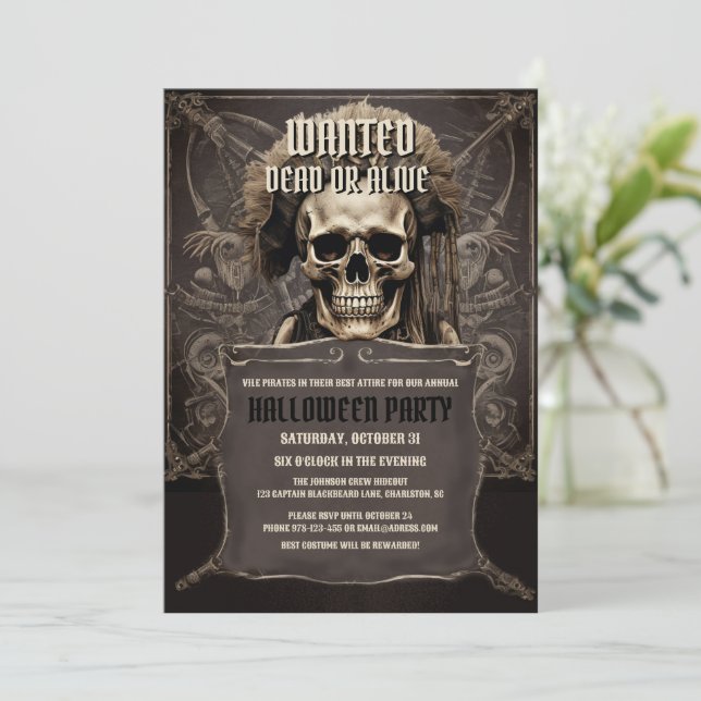 Pirate Skull Face Black Halloween Party Invitation (Standing Front)