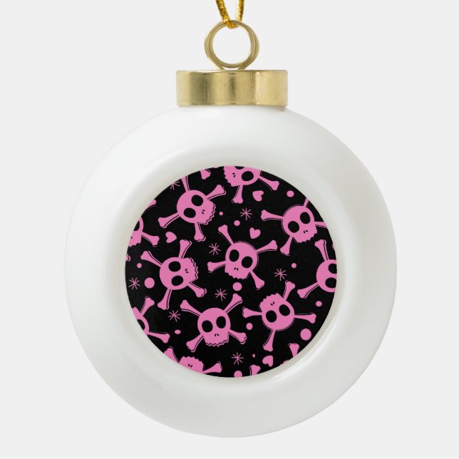 Pirate Skull: Girlish Hearts Pattern Ceramic Ball Christmas Ornament (Front)