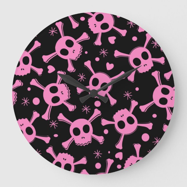 Pirate Skull: Girlish Hearts Pattern Large Clock (Front)