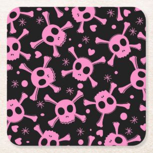 Pirate Skull: Girlish Hearts Pattern Square Paper Coaster