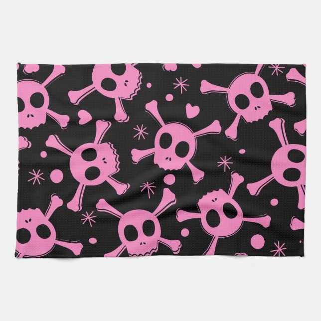 Pirate Skull: Girlish Hearts Pattern Tea Towel (Horizontal)