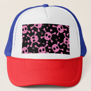 Pirate Skull: Girlish Hearts Pattern Trucker Hat