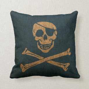 Pirate Skull Rustic Deep Sea Blue Cushion