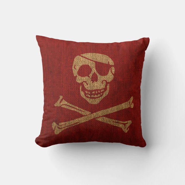 Pirate Skull Rustic Red Cushion (Front)