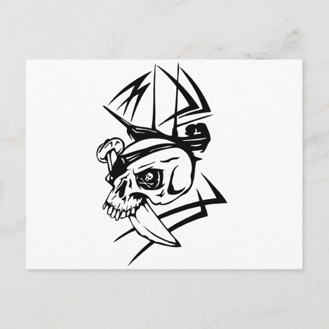 Pirate Skull Skeleton Sword Ship Tattoo Style Postcard (Front)