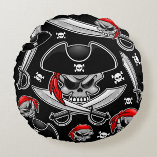 Pirate Skull with Crossed Sabres Round Cushion