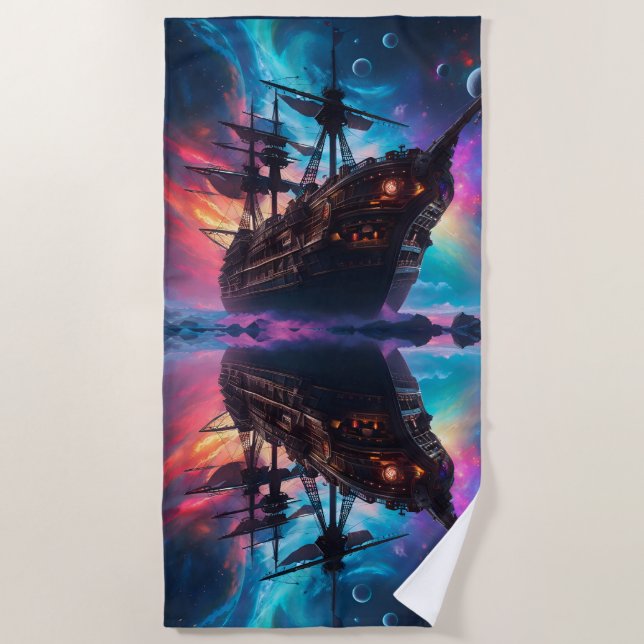 Pirate SpaceShip Lands on Another Planet Beach Towel (Front)