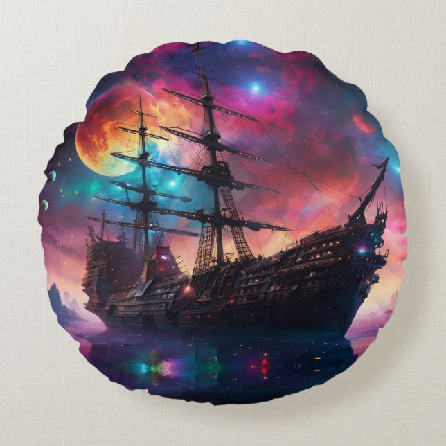 Pirate SpaceShip Lands on Another Planet Round Cushion (Front)