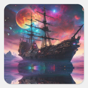 Pirate SpaceShip Lands on Another Planet Square Sticker