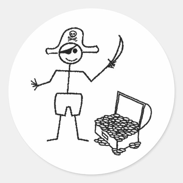 Pirate Stickman With Treasure Chest Classic Round Sticker (Front)