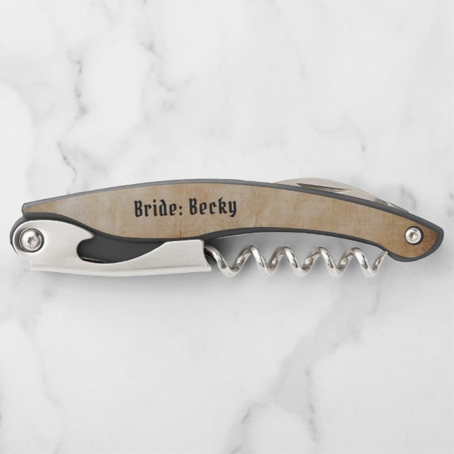 Pirate Style Text Bride and Groom Rustic Corkscrew (Front)