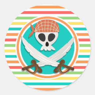 Pirate Swords; Bright Rainbow Stripes Classic Round Sticker