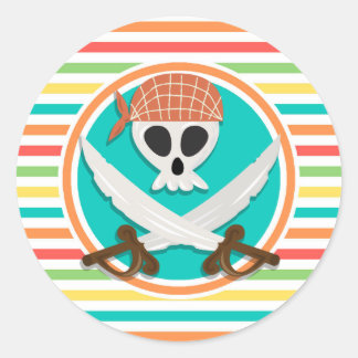 Pirate Swords; Bright Rainbow Stripes Classic Round Sticker