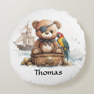 Pirate Teddy Bear Adventure - Customizable Round Cushion