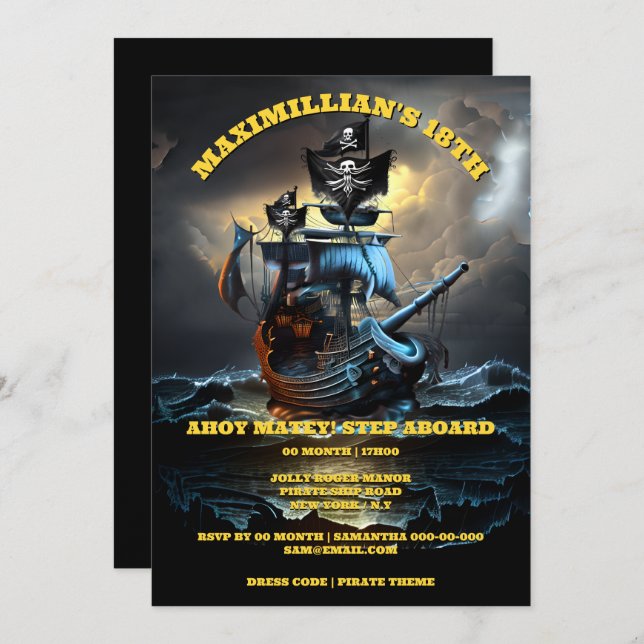 Pirate theme birthday party jolly roger ghost ship invitation (Front/Back)