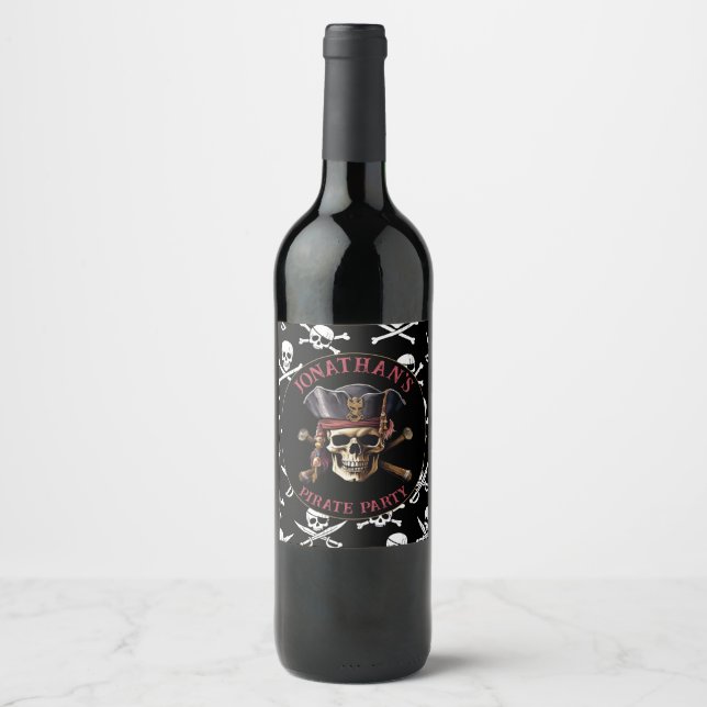 Pirate theme Party Adult Ship Captain Skull 3 Wine Label (Front)