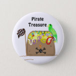 Pirate Treasure 6 Cm Round Badge<br><div class="desc">A big treasure chest full of pirate loot. Jewels and coins guarded by the trusty parrott. Customise by changing the words if so desired.</div>