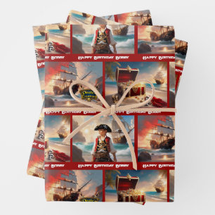 Pirate Treasure Boy's Birthday Personalise Name 3 Wrapping Paper Sheet