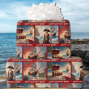 Pirate Treasure Boy's Birthday Personalize Name Wrapping Paper