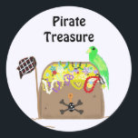 Pirate Treasure Classic Round Sticker<br><div class="desc">A loaded treasure chest full of pirate jewels and coins. A trusty parrott guards the treasure chest. Customise by changing the words if so desired.</div>