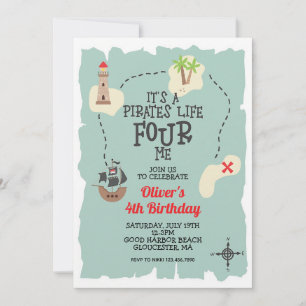 Pirate Treasure Map Fourth Birthday Invitation