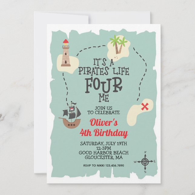 Pirate Treasure Map Fourth Birthday Invitation (Front)