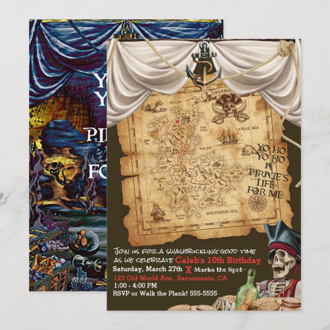 Pirate Treasure Map Under the Sea Birthday Party Invitation (Front/Back)