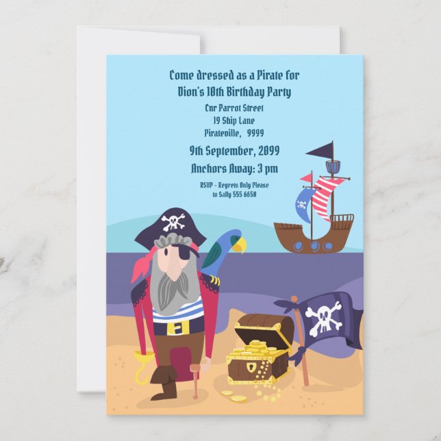 Pirate Treasure Ship Captain Birthday Party Invite (Front)