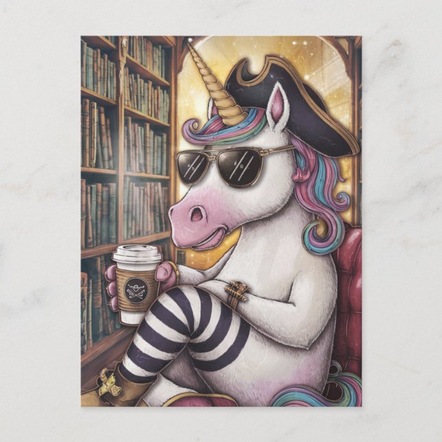 Pirate Unicorn With a Coffee Postcard (Front)
