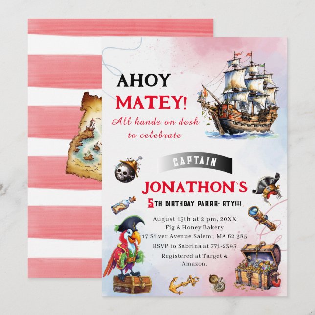 Pirate watercolor Birthday Party Invitation (Front/Back)