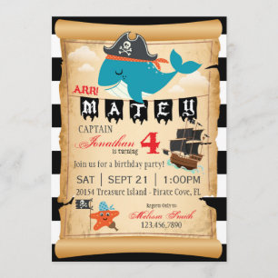 Pirate Whale and Starfish Birthday Invitations