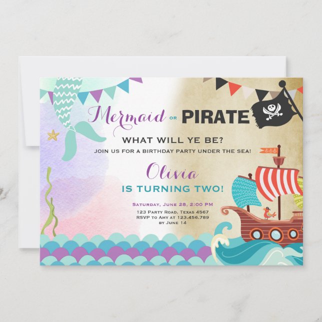 Pirates and Mermaids birthday invitation Girl (Front)