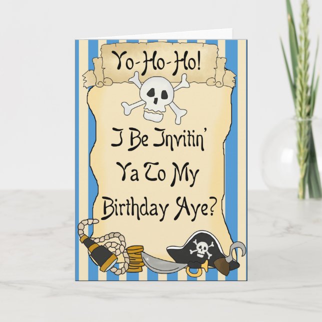 Pirates Blue Yo Ho Ho Pirate Birthday Invites (Front)