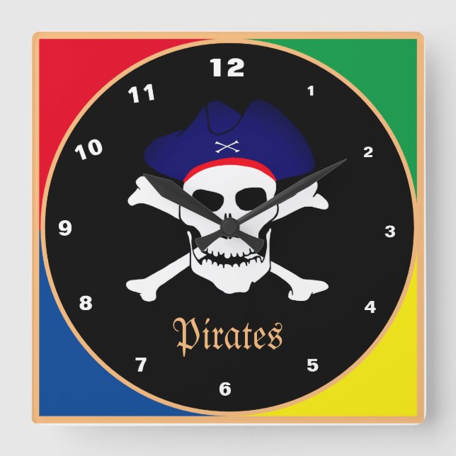 Pirates & Flag, Captain - Treasure Island /kids Square Wall Clock (Front)