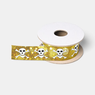 Pirates flag Ribbon, Skull & Bones, Gold Satin Ribbon
